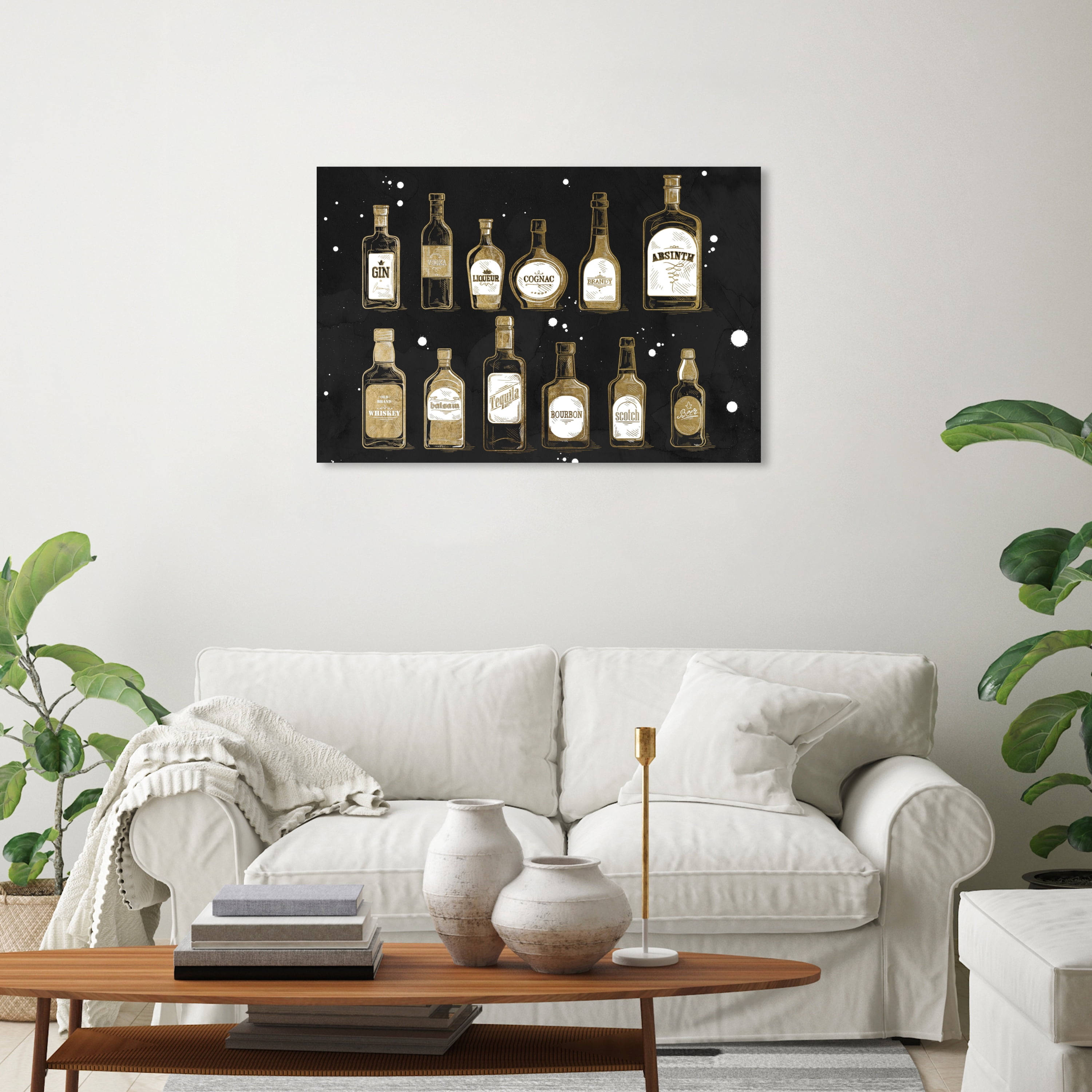 Wynwood Studio Canvas Liquor Collection Drinks and Spirits Liquor Wall Art Canvas Print Black Metallic Gold 30x20