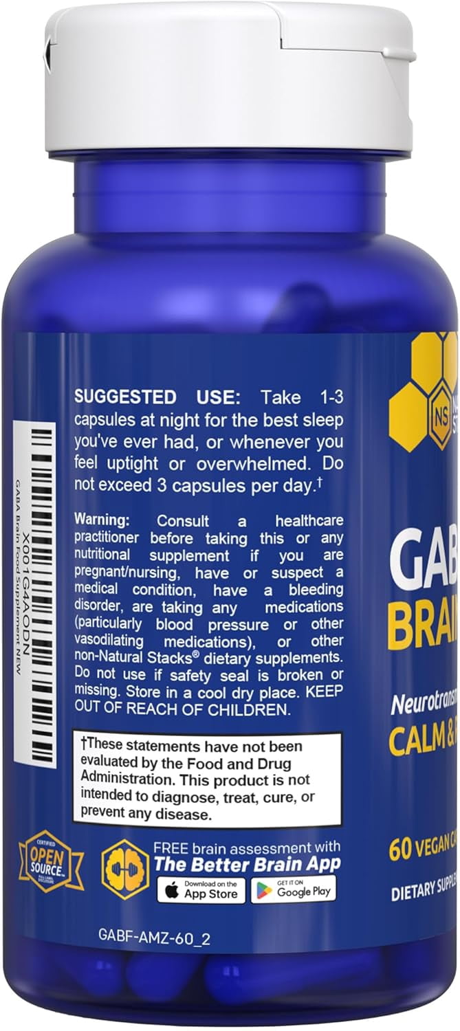 Natural Stacks Gamma-Aminobutyric Acid GABA Supplement 60 ct. - Deep Relaxation and Calm - Night Time Sleep Aid - Brain Food Formula Promotes GABA (Gamma-Aminobutyric Acid)