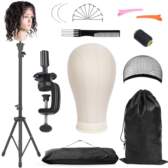 22" Canvas Cork Wig Head with 57" Mannequin Tripod for Wigs,Manikin Head Block Set for Wigs Making Display with Wig caps,T Pins Set,Comb