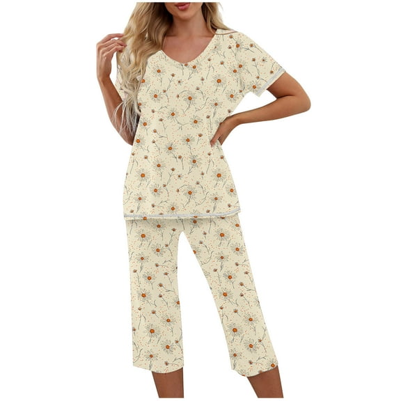 Tnhcen Women's Casual Loose Sleepwear Set - V-Neck Print Short Sleeve Top   Elastic Waist Capri Pants with Side Pockets | S-2XL | Pajamas Set Loungewear