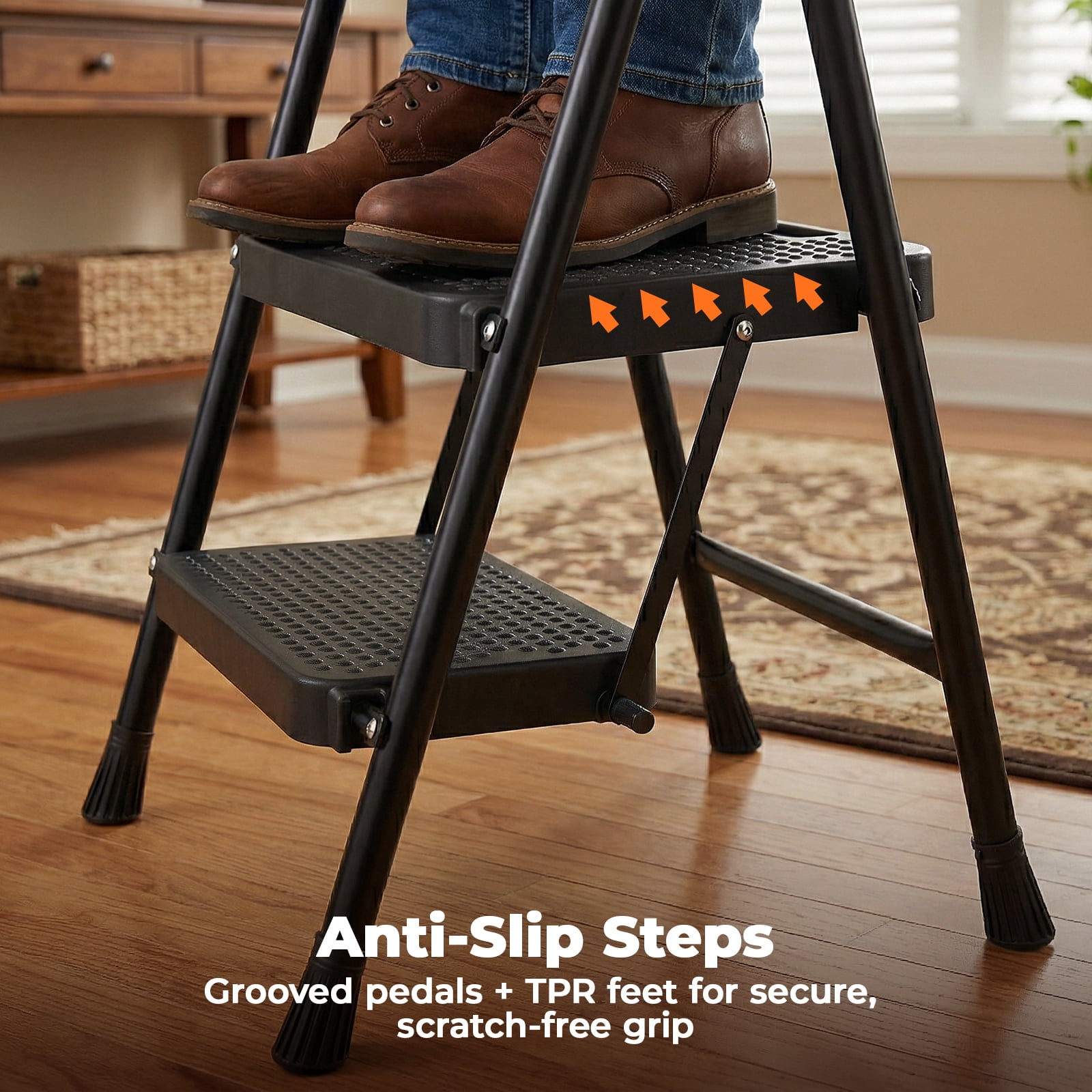 Alvantor 3-Step Ladder, Foldable Step Stool with Safety Lock, Anti-Slip Pedal, 300lbs Capacity