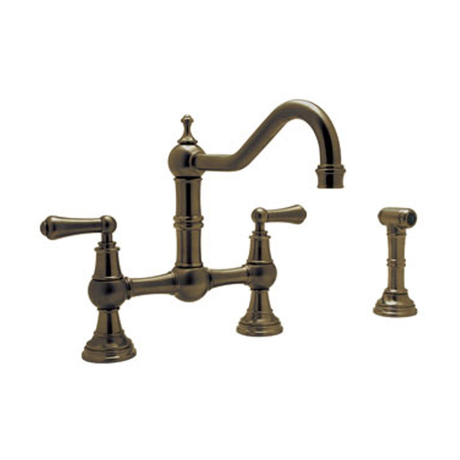 Perrin & Rowe Edwardian Era Lever Handle Bridge Kitchen Faucet With Sidespray Rinse In Polished Nickel With 9" Reach Spout