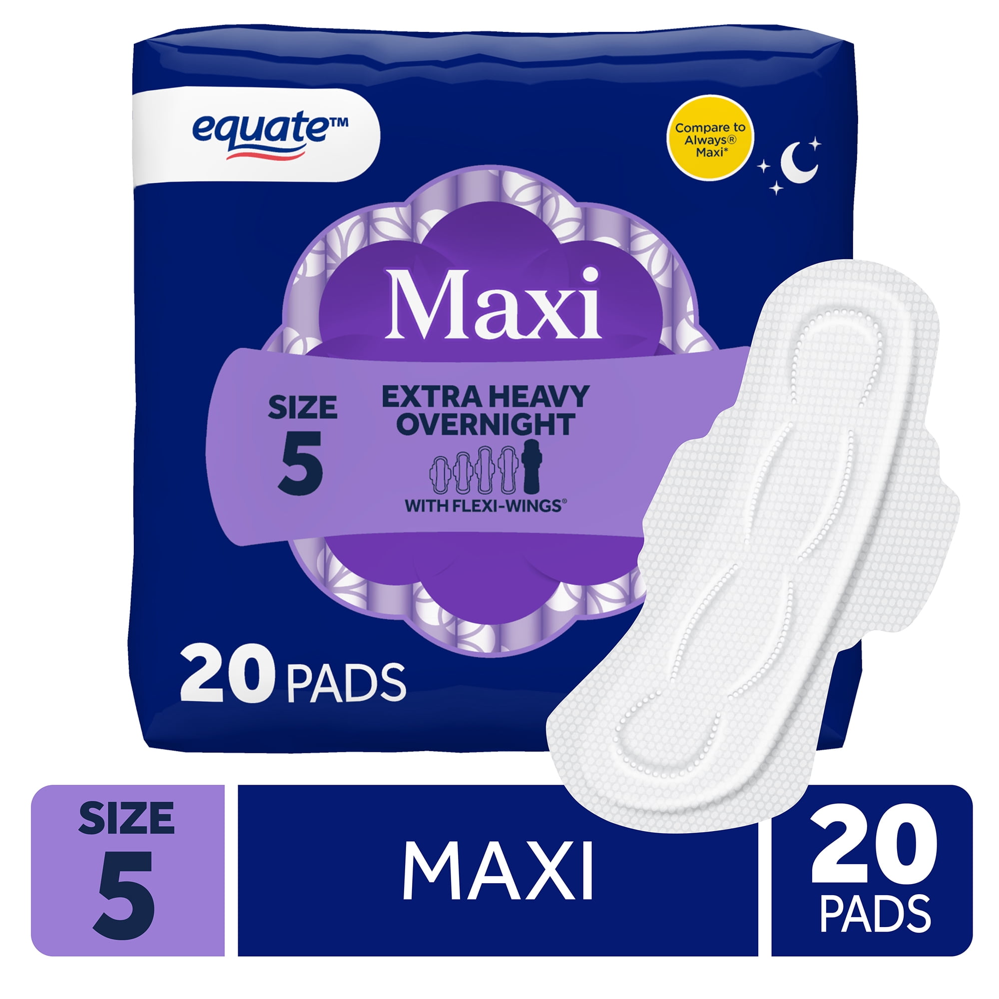 (3 pack) Equate Maxi Pads with Flexi-Wings, Extra Heavy Overnight Absorbency, Size 5, 20 Count