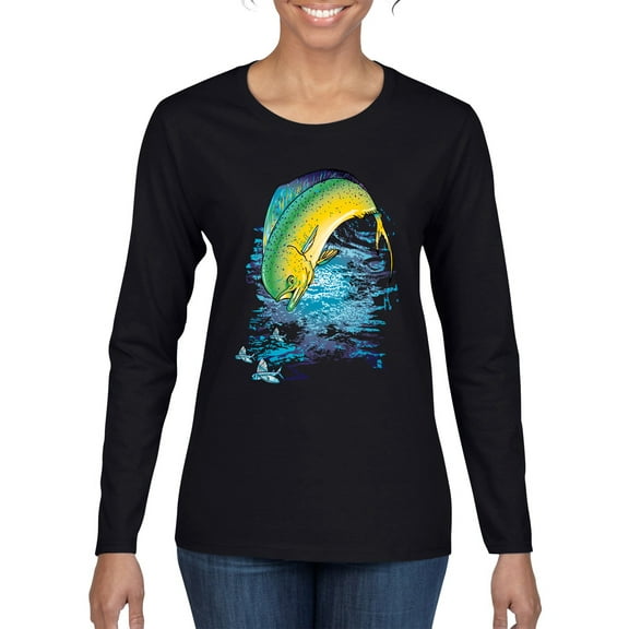 Mahi-Mahi Fish Catching Small Fish Animal Lover Womens Graphic Long Sleeve T-Shirt, Black, Small