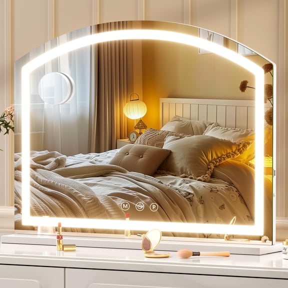 Hasipu 32" x 24" Arched LED Vanity Mirror with Light, 10X Magnification, 3 Dimmable Color Modes, USB Charging Port - Desk Makeup Mirror