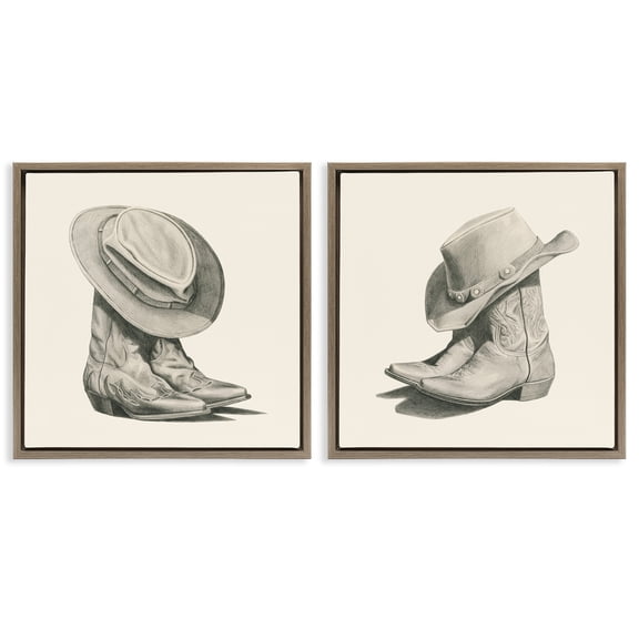 Stupell Industries Rustic Cowboy Boots Beauty & Fashion Drawing Brown Floater Framed Canvas Art Print Wall Art, 25 x 25, Set of 2