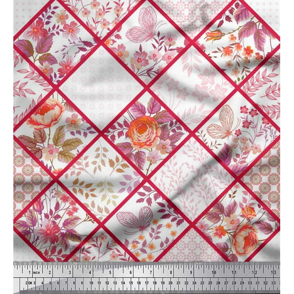 Soimoi Viscose Chiffon Fabric Leaves,Floral & Check Patchwork Print Sewing Fabric Yard 42 Inch Wide