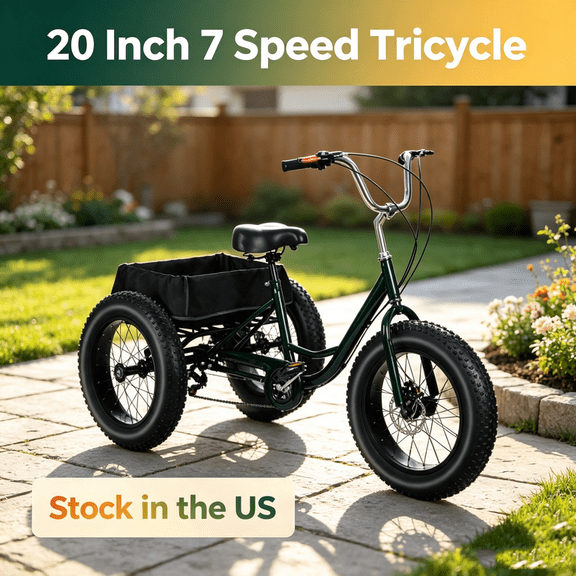 Fompes 20 Inch 7 Speed Tricycle,Adult Tricycle,Drift Trike for Adult,Snow Tires Tricycle with Double Disc Brake,Three-Wheeled Bicycles for Seniors,3 Wheel Bike with 12" Spacious Shopping Basket,Black