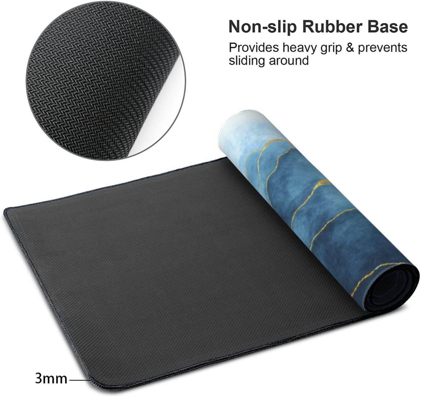 Blue Golden Watercolor Marble Gaming Mouse Pad XXL 35.4×15.7 Inch Gold Line Navy Gray Abstract Extended Mousepad 40X90cm with Non-Slip Rubber Base Stitched Edge Large Desk Pad for Gamer Office