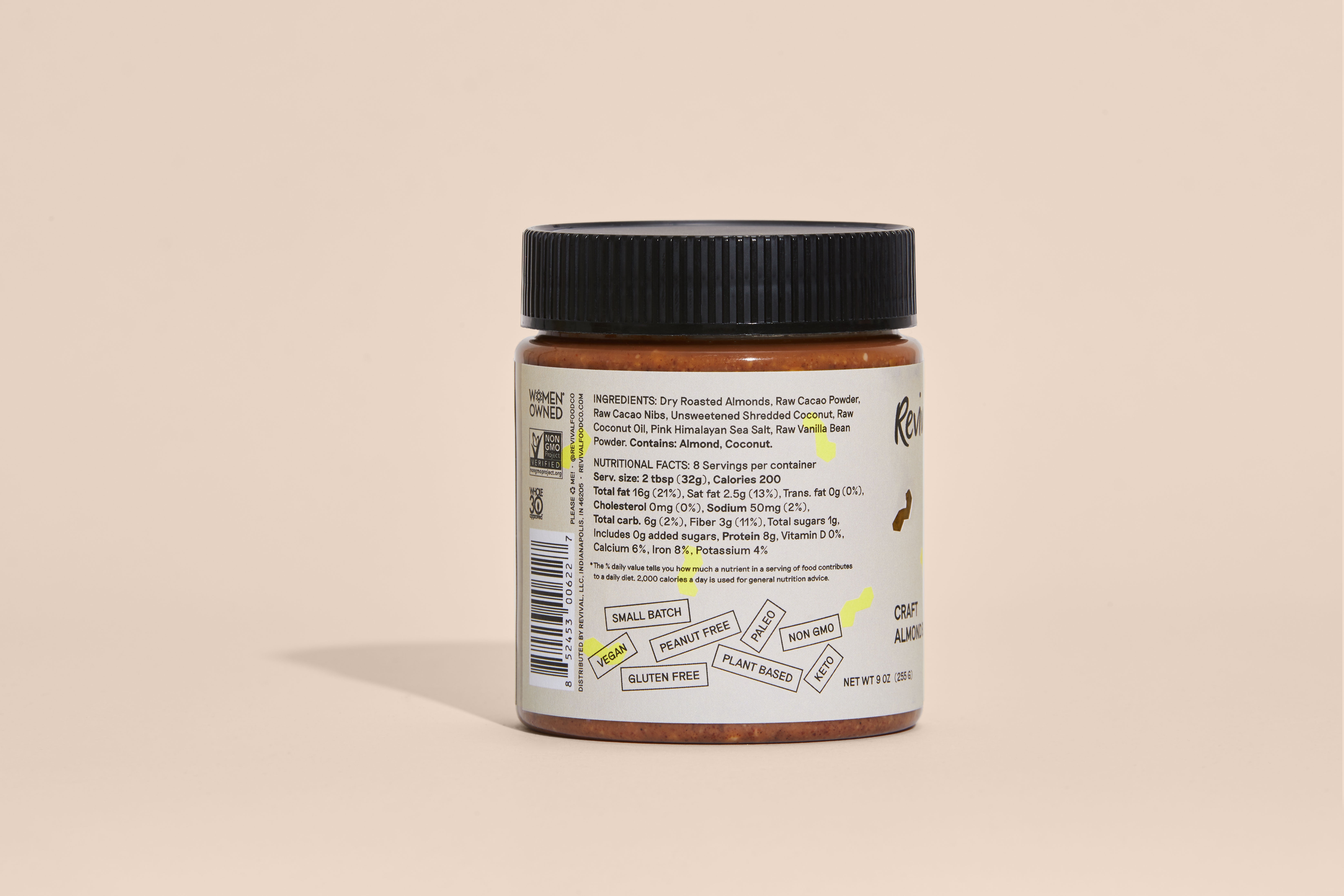Revival Vegan Craft Almond Butter, No Sugar Added Raw Cacao Coconut, 10 oz