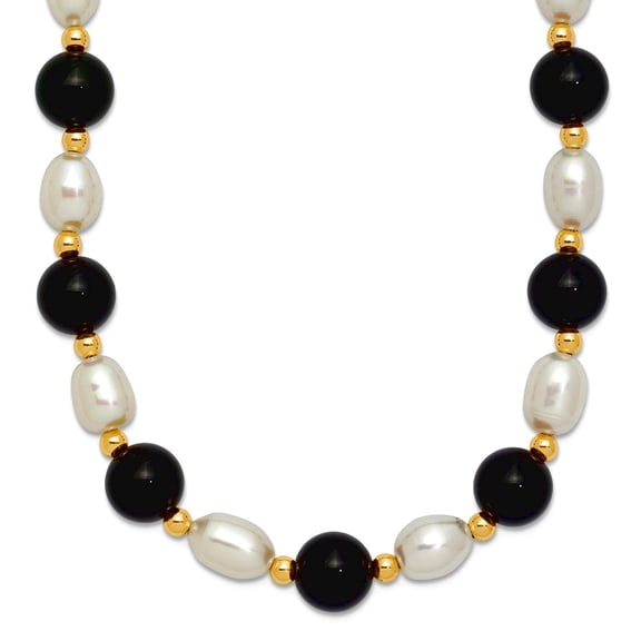 14k Yellow Gold Fancy 6-6.5mm White Freshwater Cultured Pearl Onyx Necklace - 17 Inch - Pearl Clasp