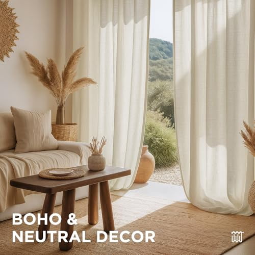 Light Filtering Linen Curtains 96 Inch Length 2 Panel Set for Living Room Bedroom, 52 Inch Wide Drapes with Rod Pocket and Back Tab, Ivory on Linen Fabric (96" L x 52" W)