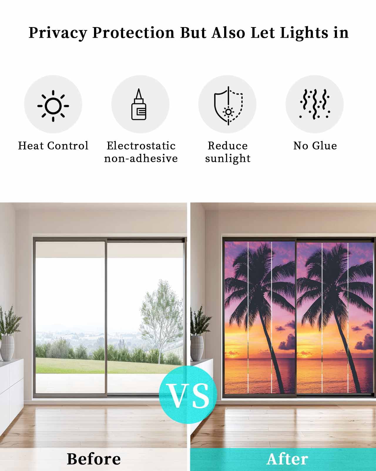 Window Privacy Film Summer Sunset Stained Glass Window Film Decorative Sun Block Window Cover Ocean Seaside Sky Cloud Scenery Palm Tree Window Clings Static Adhesive Sticker for Bathroom 23.6"x59"