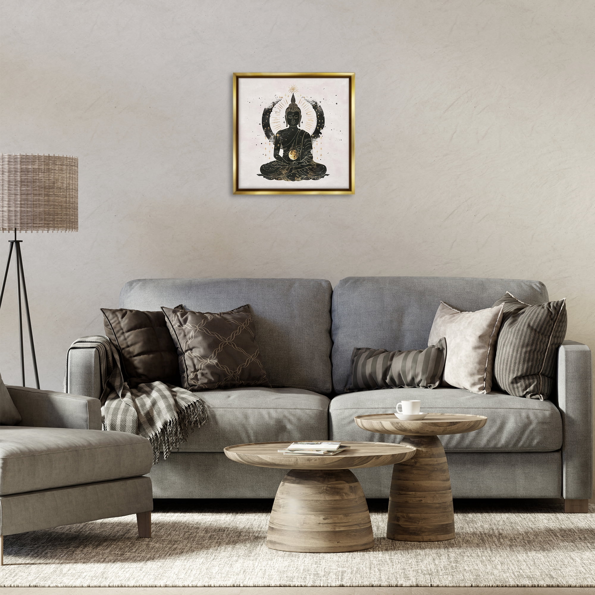 Stupell Industries Sitting Buddha Sun Rays Religious & Spiritual Painting Gold Floater Framed Canvas Art Print Wall Art, 18 x 18