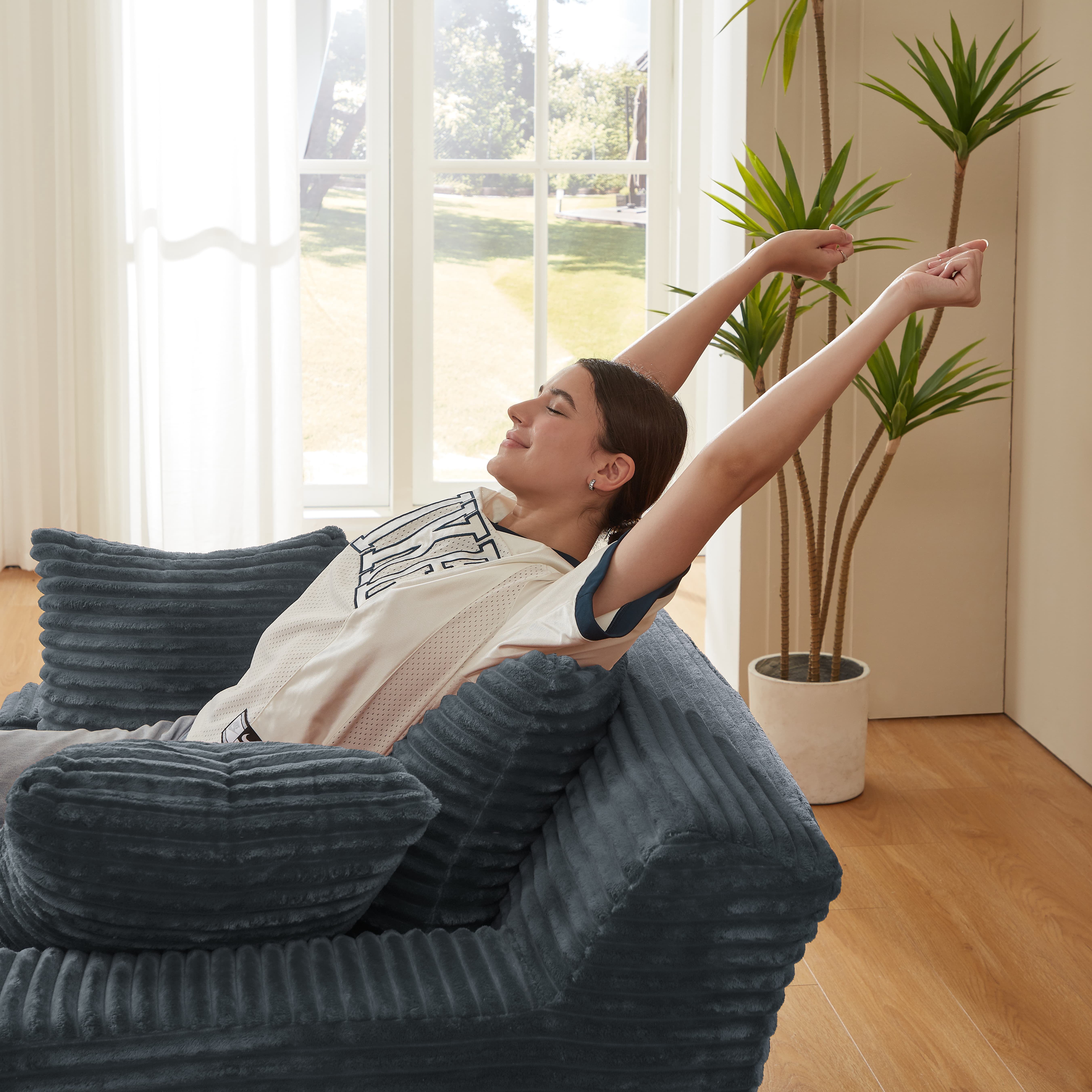 MAYEERTY Oversized Corduroy Chaise Lounge Sofa, Modern Couch with Spring Cushion for Apartment, 49*79*28"Dark Grey