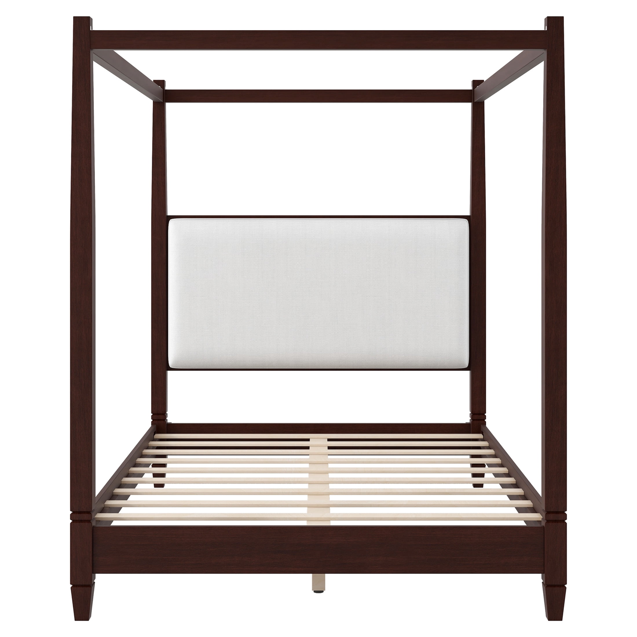 Noble House Yervon Queen Size Wooden Canopy Platform Bed with Upholstered Headboard and Tapered Legs, Espresso