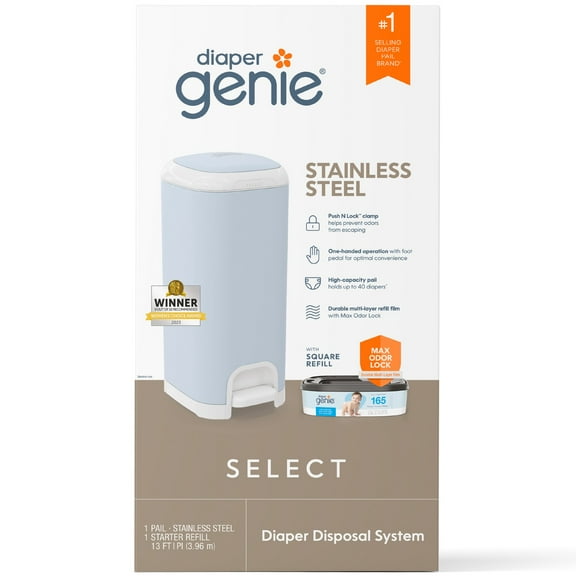 Diaper Genie Select Pail,Blue,Stainless Steel, 1 Diaper Pail,1 Square Refill-165 Count, Infant