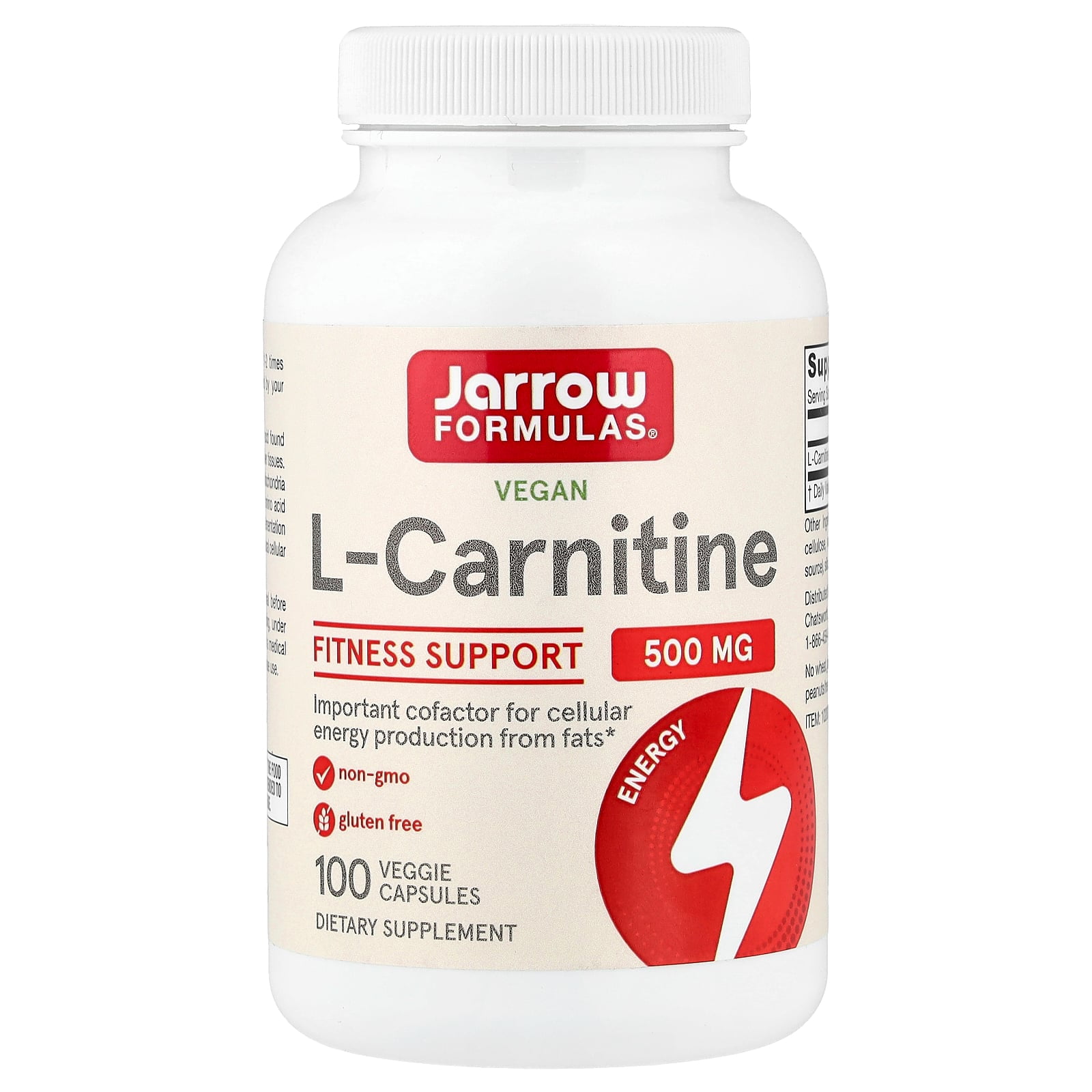 Jarrow Formulas L-Carnitine Tartrate, For Brain Energy and Heart Support, 500mg, 100 Capsules
