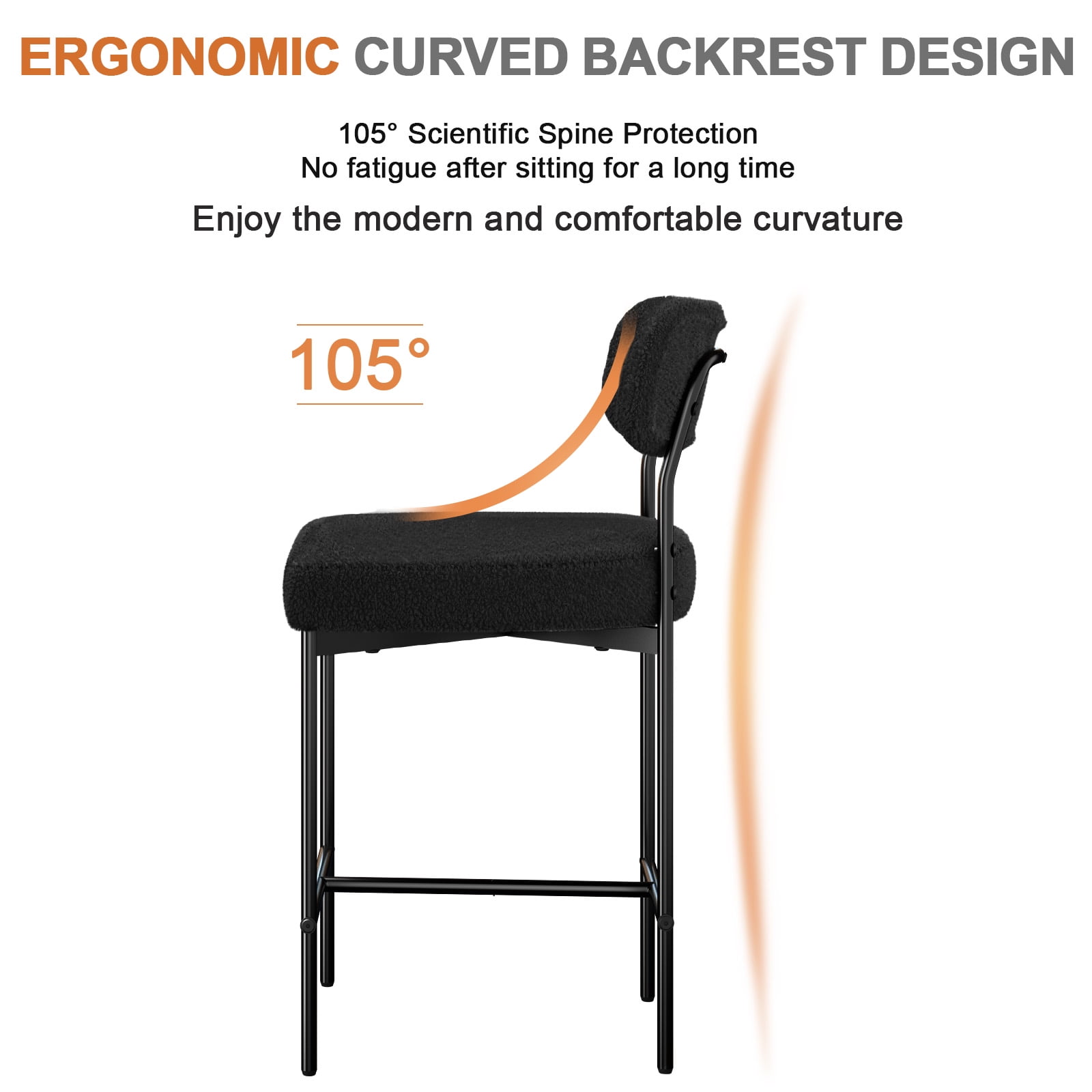 Hommpa Bar Stools Set of 3 with Back & Footrest 26" Counter Height Barstools Boucle Bar Chairs Modern Pub Chairs Black Plush for Kitchen Island Bistro Coffee Shop Mid Back