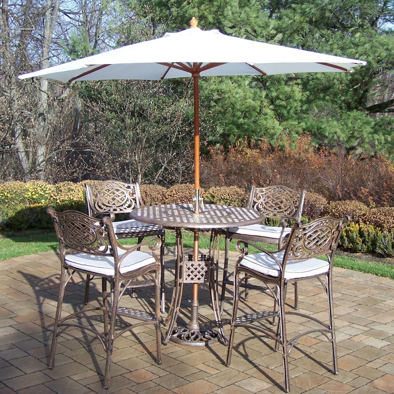 Oakland Living Elite Mississippi Cast Aluminum 5 Piece Patio Bar Set Oakland Living Elite Mississippi Cast Aluminum 5 Piece Patio Bar Set With Cushions Plus Umbrella And Stand