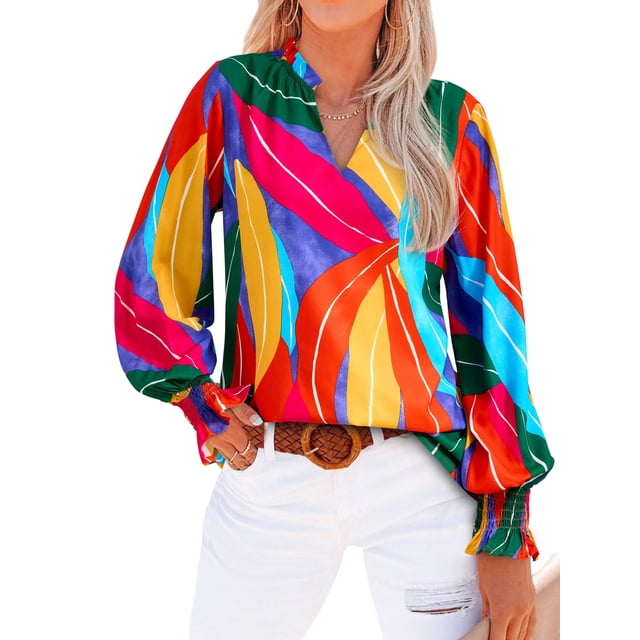 Blusa MASCOMODA de chifón floral con cuello en V y manga larga para mujer