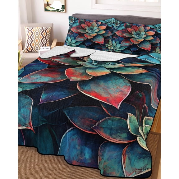Teal Red Ombre Succulent King Size Down Alternative Comforter, Lightweight Comforter Quilt Bedding Set with Pillow Shams Abstract Art Botanical All Seasons Bed Comforter Duvet Insert 96"x106"