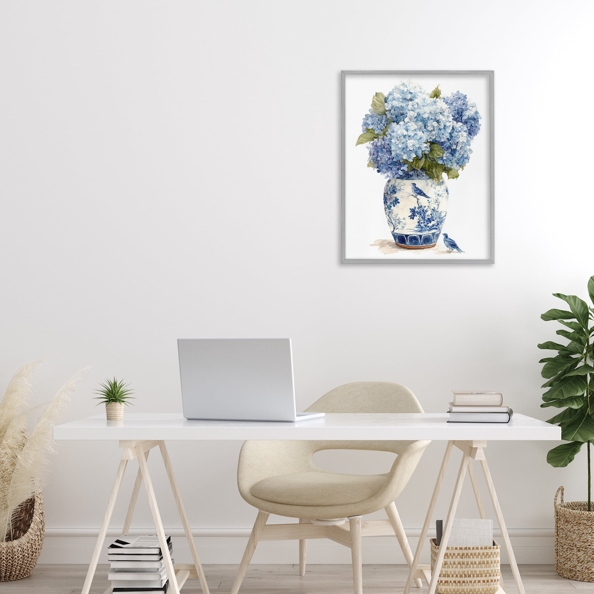 Stupell Industries Blue Bird & Hydrangea Vase Gray Framed Giclee Art, design by Imagine It Images