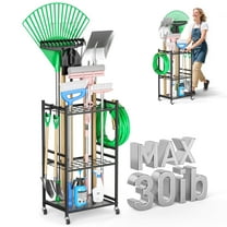 RELOIVE Garden Tool Organizer With Wheels, Yard Tower Rack for Garage Storage, Up to 35 Long-Handled Tools, Sturdy Metal Steel Holder With 3 Hooks, Outdoor, Black