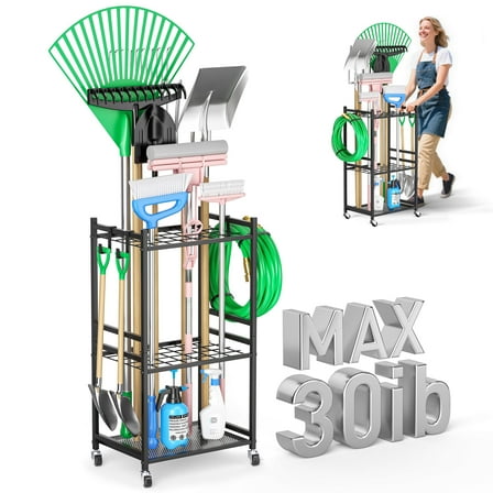 RELOIVE Garden Tool Organizer With Wheels, Yard Tower Rack for Garage Storage, Up to 35 Long-Handled Tools, Sturdy Metal Steel Holder With 3 Hooks, Outdoor, Black