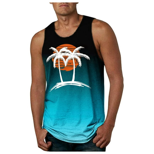 Men's Sleeveless Graphic Tank Tops Coconut Tree Print Casual Tops for Everyday Wear Beach Style Muscle Shirts