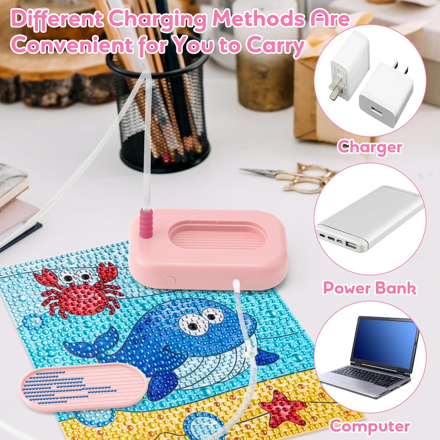 Adult Electric Diamond Pen Set, Vacuum-Style Art Painting Brush Set with Storage Tray