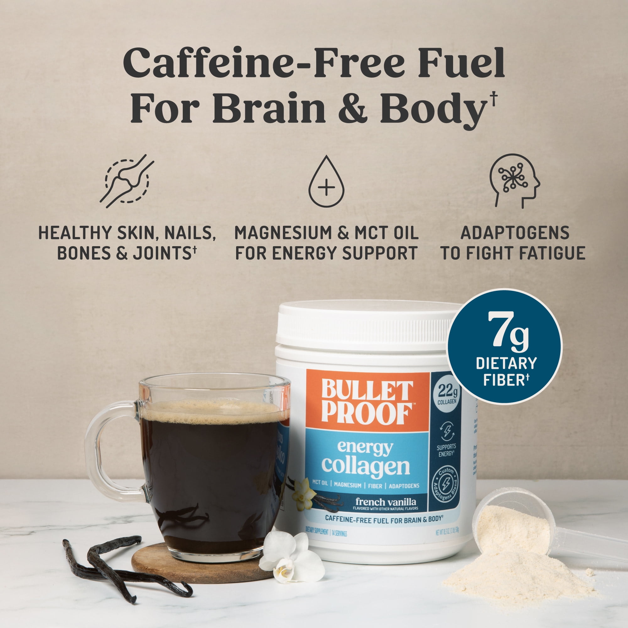 Bulletproof Vanilla Bean Energy Collagen Protein Powder, 18.3 Ounces, Caffeine-Free Fuel with Vitamins and Antioxidants