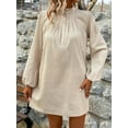 thumbnail image 3 of Women's Half Button Mock Neck Long Sleeve Mini Shirt Dress 100% Cotton Fabric Elegant Casual Everyday Wear All Seasons, 3 of 7