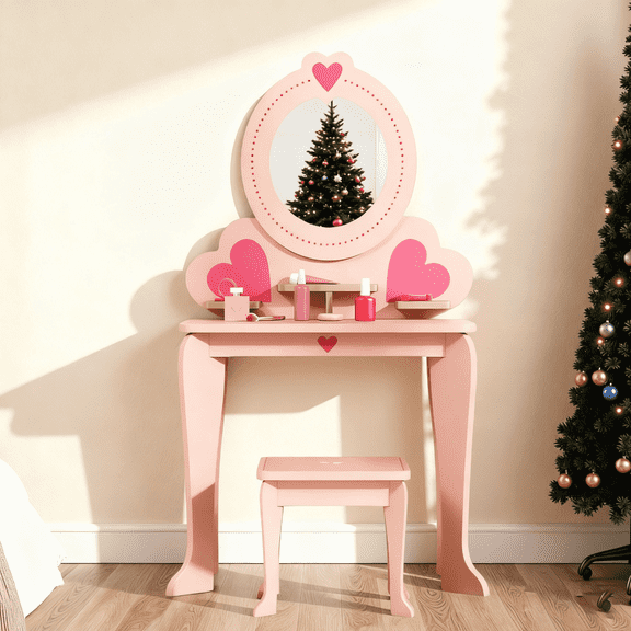 Arlopu Kids Vanity Table and Stool Set with 8pcs Pretend Play Accessories & Mirror, Princess Convertible Makeup Dressing Table for Girls, Pink