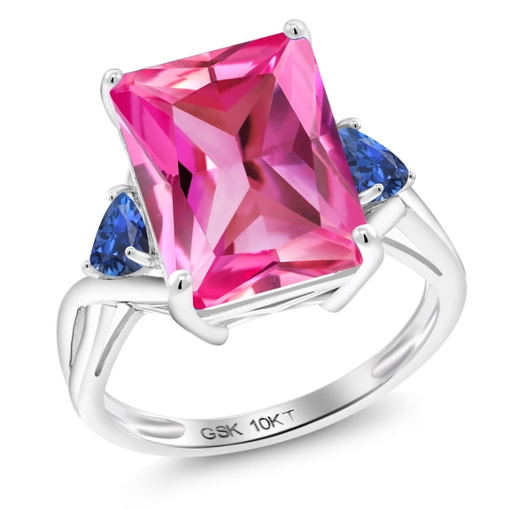 Gem Stone King 10K White Gold Pink Created Sapphire and Blue Created Sapphire 3 Stone Engagement Ring for Women (10.54 Cttw, Emerald Cut 14X10MM, Trillion 4MM, Size 8)