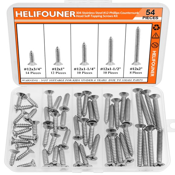 #12 X 3/4"" 1"" 1-1/4"" 1-1/2"" 2"" Wood Screws Set Helifouner 54 Pieces Phillips Countersunk Head Self-Tapping Screws Assortment Kit Phillips Flat Head Wood Screws 304 Stainless Steel