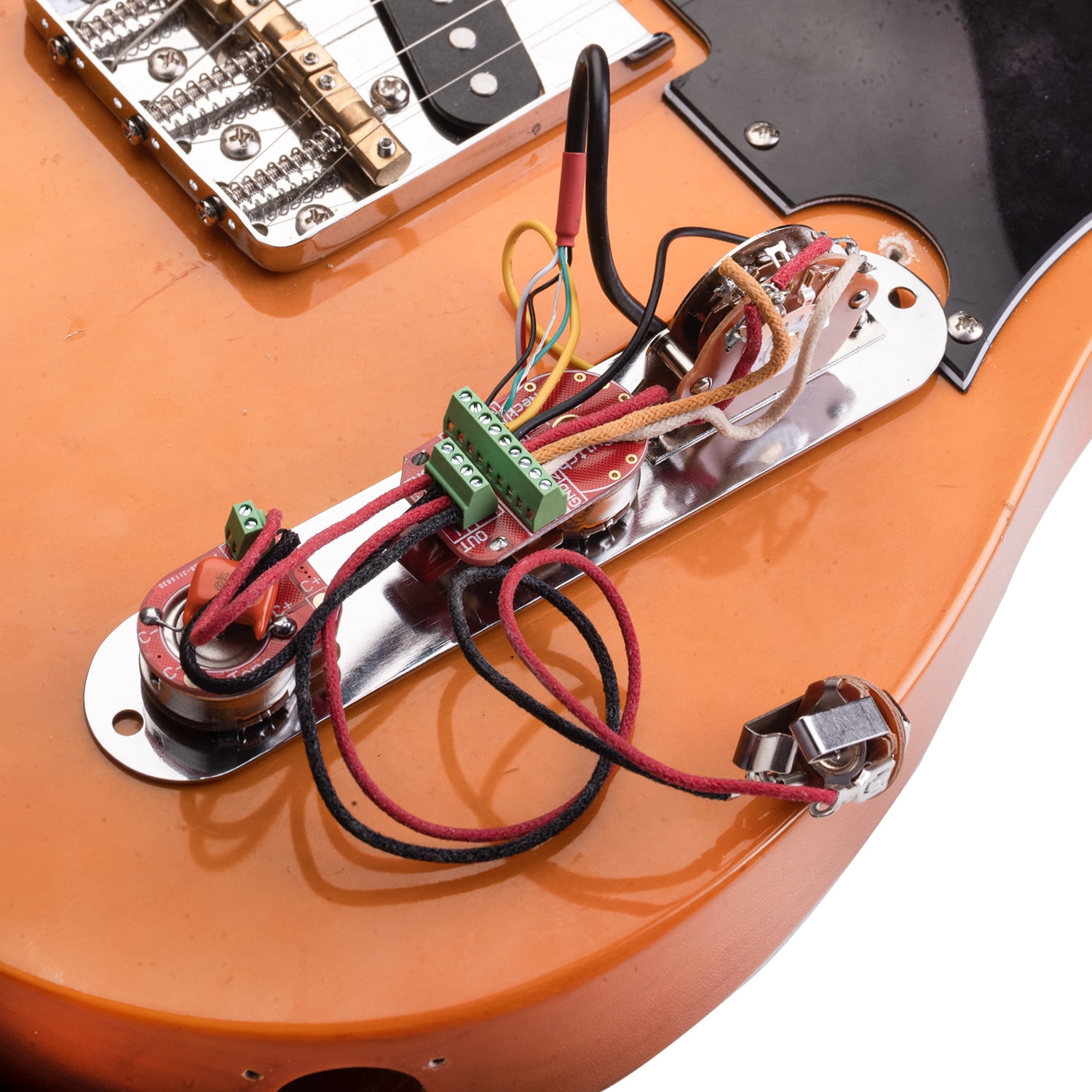LOOKSEVEN Solderless Pre-Wired Control Plate Kit with 3-Way Switch, Brass Shaft Pot (1 Volume 1 Tone) Wiring Harness Easy Plug & Play Upgrade with Treble-Bleed Circuit for Telecaster Guitars