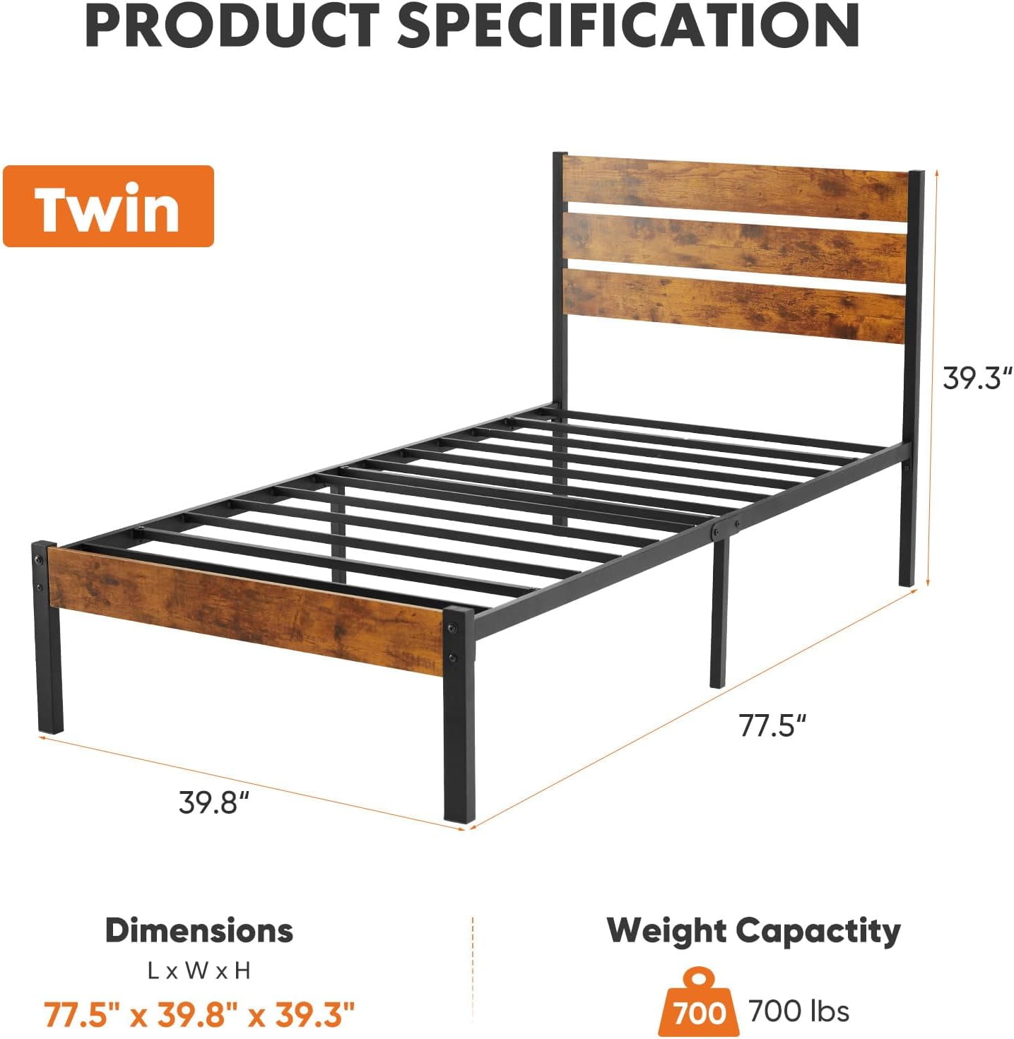 Bigleap Twin Size Metal Platform Bed Frame, No Box Spring Needed with 700LBS Sturdy Wooden Slats Support, Noise Free