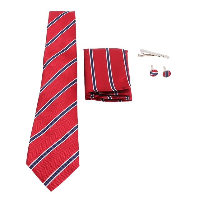 corbatas para hombre, corbata clásica para hombre, corbata clásica a rayas, corbata clásica a rayas, resultados impresionantes Juego de 6 piezas sobre fondo blanco: corbata roja a rayas de 146x8 cm en hilo de poliéster, pañuelo de bolsillo 25x25 cm a juego, pasador de corbata, dos gemelos con detalle de rayas y caja de regalo; conjunto adecuado para eventos formales e informalmente también usado a menudo para coordinar accesorios de fotografía de moda.