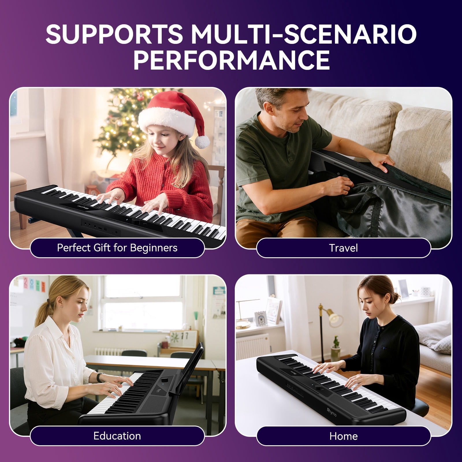 Rhymo 61 Key Smart Piano Keyboard with Light up Keys,Learning Keyboard for Beginners, Velocity Sensitive Electric Piano Keyboard & App Learning(Black)