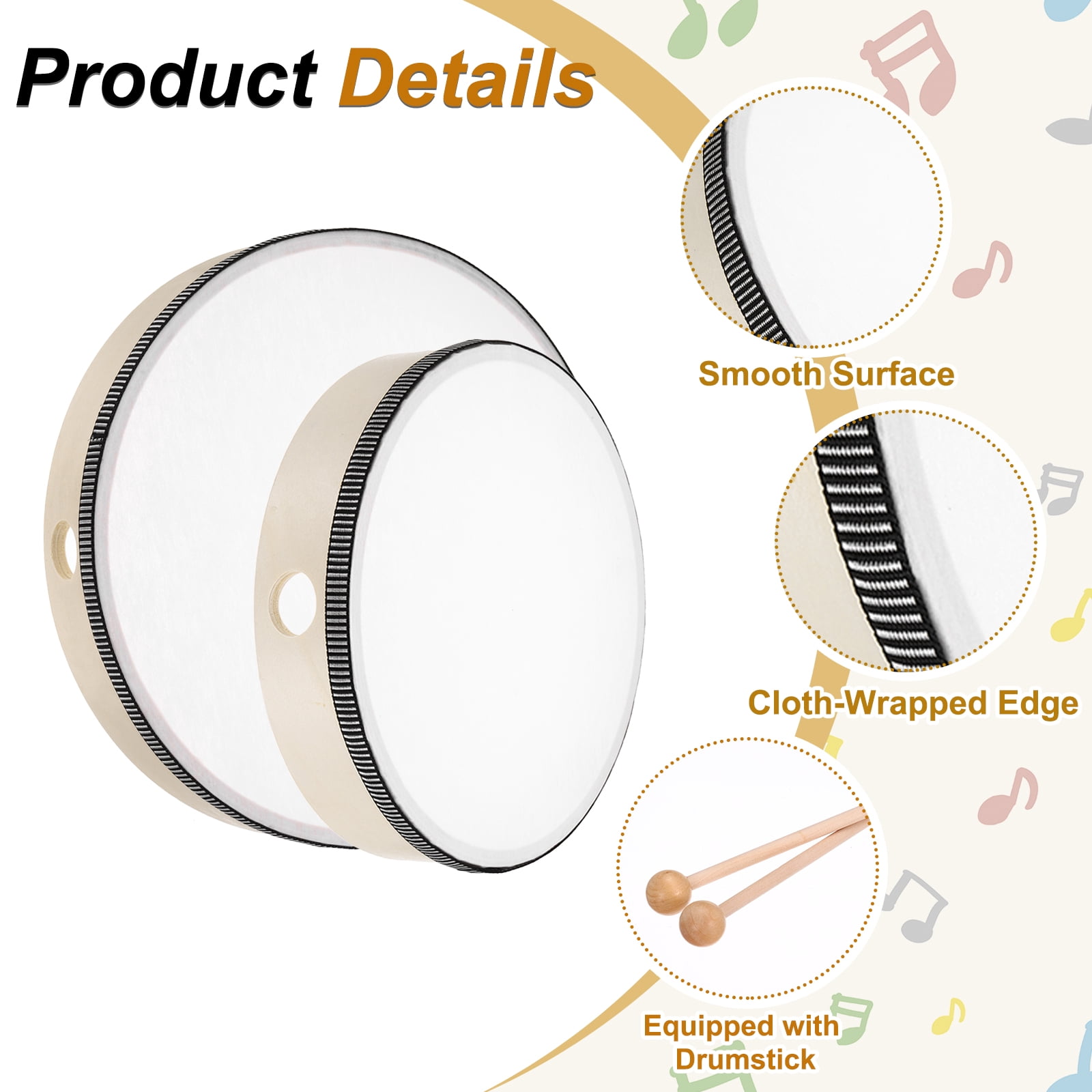 Uxcell 1 Pcs Hand Drum Music Percussion 10 Inch Wood Frame Drum Set Musical Instrument for Musical Education Home Party Performance Supplies (Wood Color)