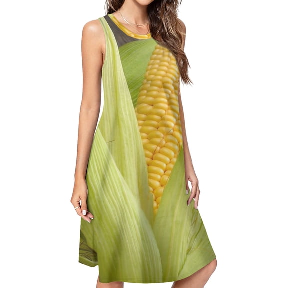 corn cob Spring Summer Dresses for Women Fashion T-shirt Dress Casual Sleeveless Loose Sundress with Pockets