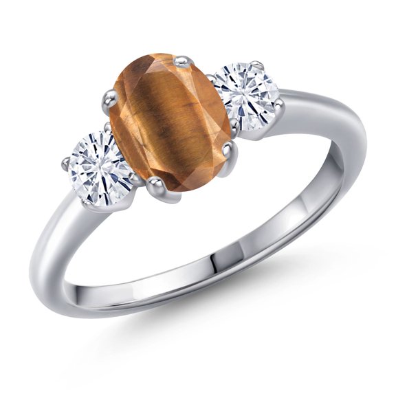 Gem Stone King 925 Sterling Silver Ring Tiger Eye Moissanite (1.71 Cttw)