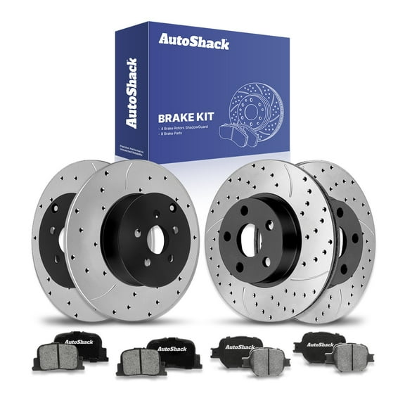 AutoShack Front Vented & Rear Solid Drilled & Slotted E-Coated Brake Rotors   Ceramic Pads 12-PC Brake Kit Replacement for 2005-2010 Scion tC ShadowGuard