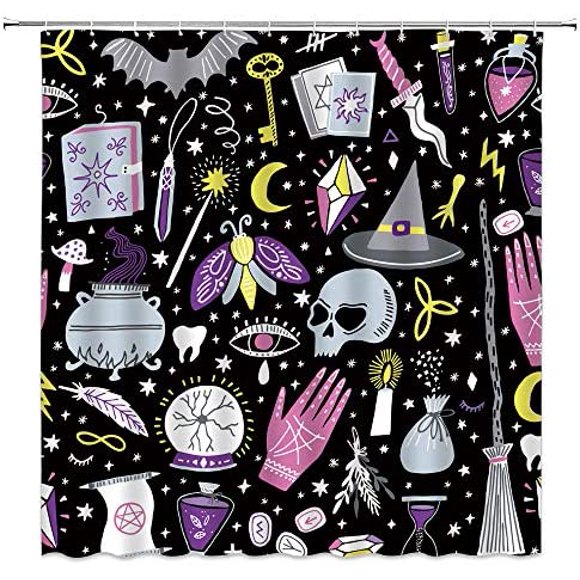 Spooky Shower Curtain Goth Witch Boho Halloween Gothic Black Alchemy Magic Hand Palmistry Astrology Witchcraft Skull Bat Ouija Board Moth Moon Fabric Bath Curtain with Hooks,70x70 Inch,Purple Grey