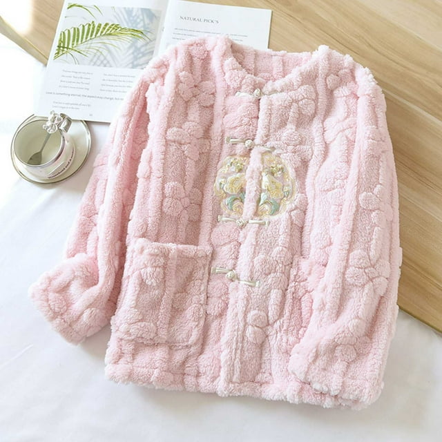 Pijama de manga larga para mujer, de franela, con estampado de manga larga, térmico, con bolsillo, de poliéster
