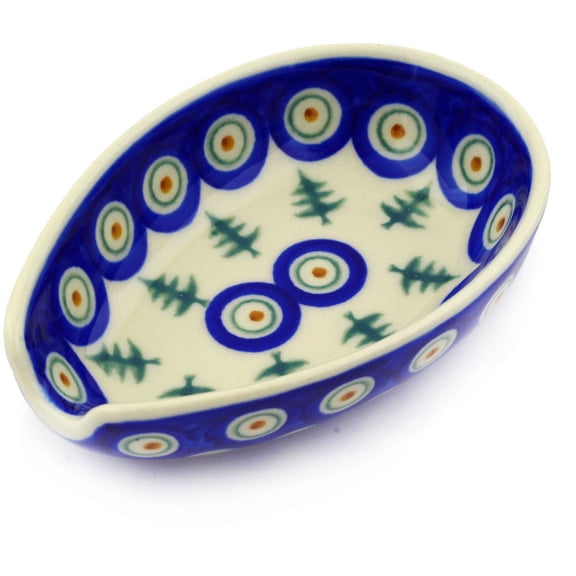 Polish Pottery 5-inch Spoon Rest (Peacock Pines Theme) Hand Painted in Boleslawiec, Poland   Certificate of Authenticity