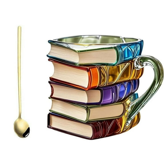 KMWGRE Novelty 3D Painted Books Coffee Mug, Unique Books Stack Coffee Cup,Painted Glass Book Mug for Hot Or Cold Brews
