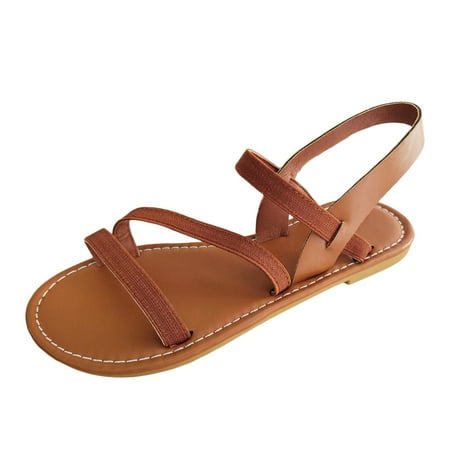 

MIASHUI Womens Sandals Women s Woven Strappy Flat Sandals Summer Holiday Fashion Wear Clip Toe Beach Shoes Brown 7.5