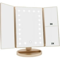 Tri-fold Lighted Vanity Makeup Mirror with 3x/2x/1x Magnification, 21Leds Light and Touch Screen,180 Degree Free Rotation Countertop Cosmetic Mirror,Travel Makeup Mirror (Gold)